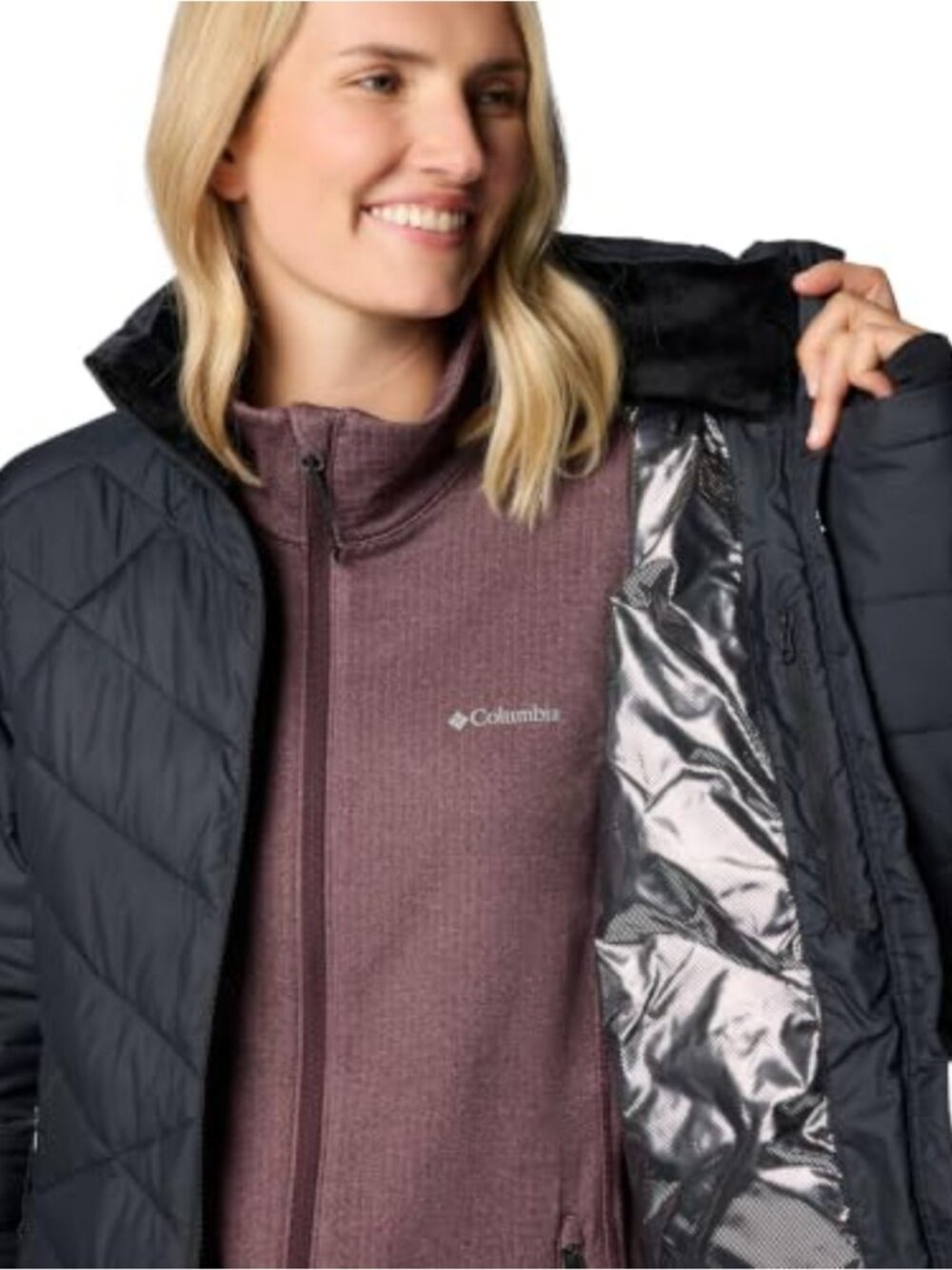 Quilted Down Insulated Jacket Omni-Heat Omni-Shield Fleece Collar Thumbhole
